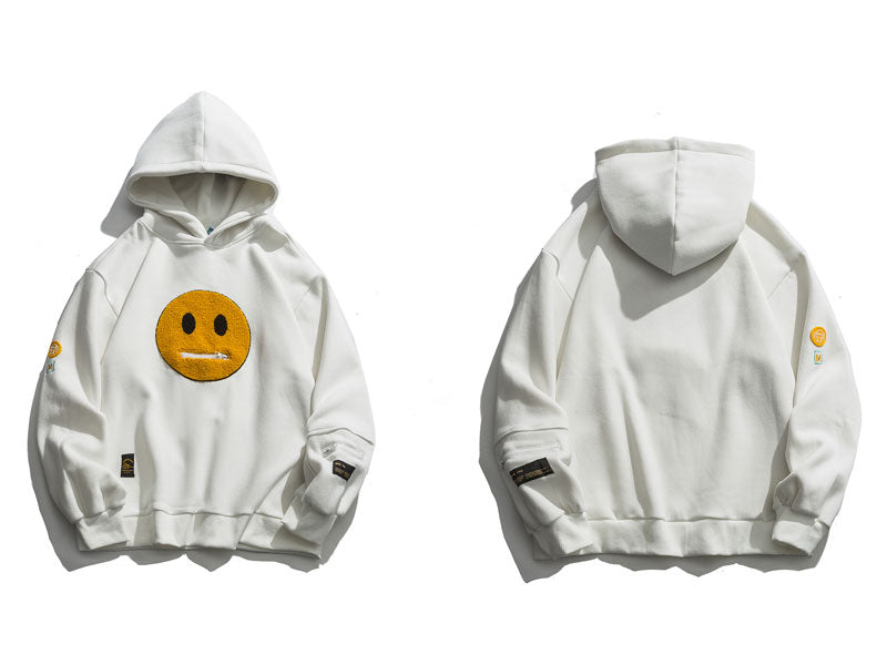 เสื้อฮู้ดเสื้อสเวตเตอร์ผ้าฟลีซสตรีทแวร์แต่งลายหน้ายิ้มแบบแพตช์เวิร์กพร้อมกระเป๋าซิป