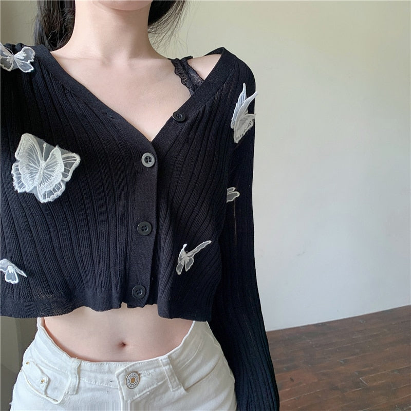 เสื้อคาร์ดิแกนไหมพรมลายผีเสื้อสำหรับผู้หญิง คอวี ทรงสั้น เสื้อคลุมแขนยาวเนื้อบางสำหรับฤดูร้อน