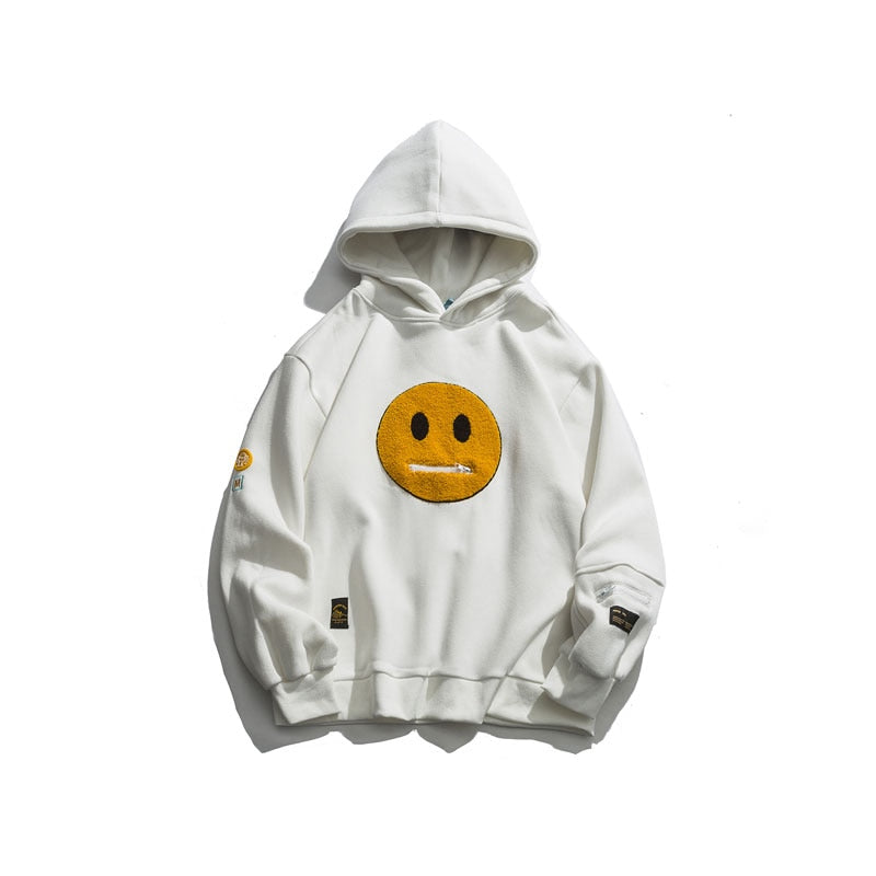 เสื้อฮู้ดเสื้อสเวตเตอร์ผ้าฟลีซสตรีทแวร์แต่งลายหน้ายิ้มแบบแพตช์เวิร์กพร้อมกระเป๋าซิป