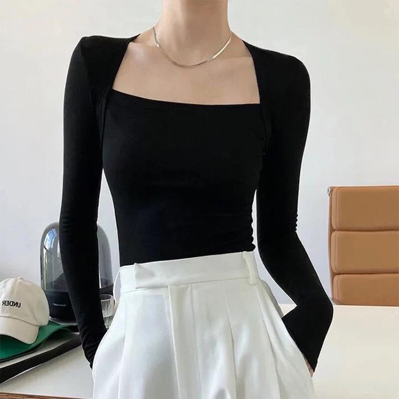 เสื้อแขนยาวผู้หญิง สีลูกกวาด เสื้อยืดรัดรูปแบบเซ็ตสองชิ้นหลอก สำหรับผู้หญิง