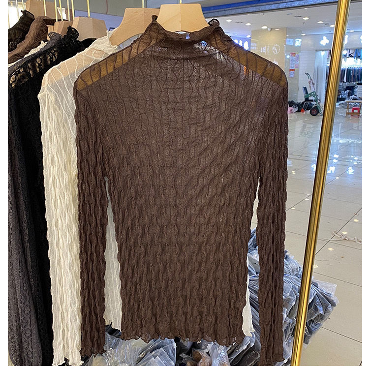 เสื้อยืดผู้หญิงผ้าตาข่ายลูกไม้คอสูง ทรงสั้น แขนยาว สไตล์ลำลอง รัดรูป เนื้อบาง