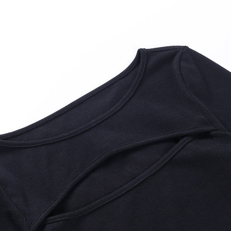 เสื้อยืดคอกลมแขนยาวเข้ารูปซีทรูเซ็กซี่สไตล์ลำลอง สีดำล้วน