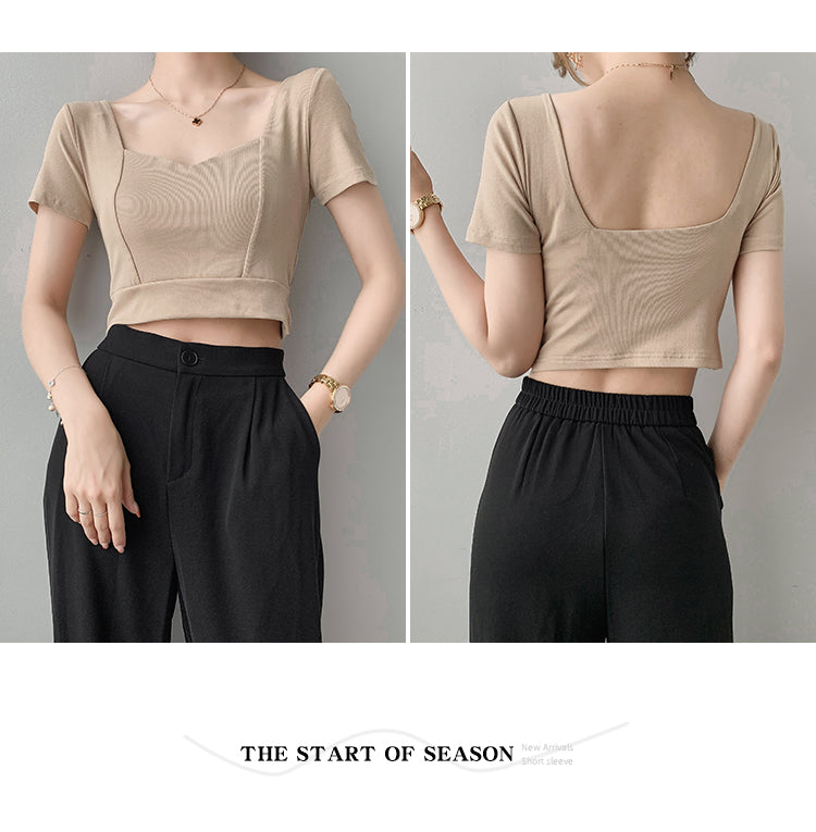 เสื้อคอเหลี่ยมเว้าไหปลาร้าสไตล์ฝรั่งเศส เสื้อครอปเอวสูงแขนสั้นสำหรับผู้หญิง