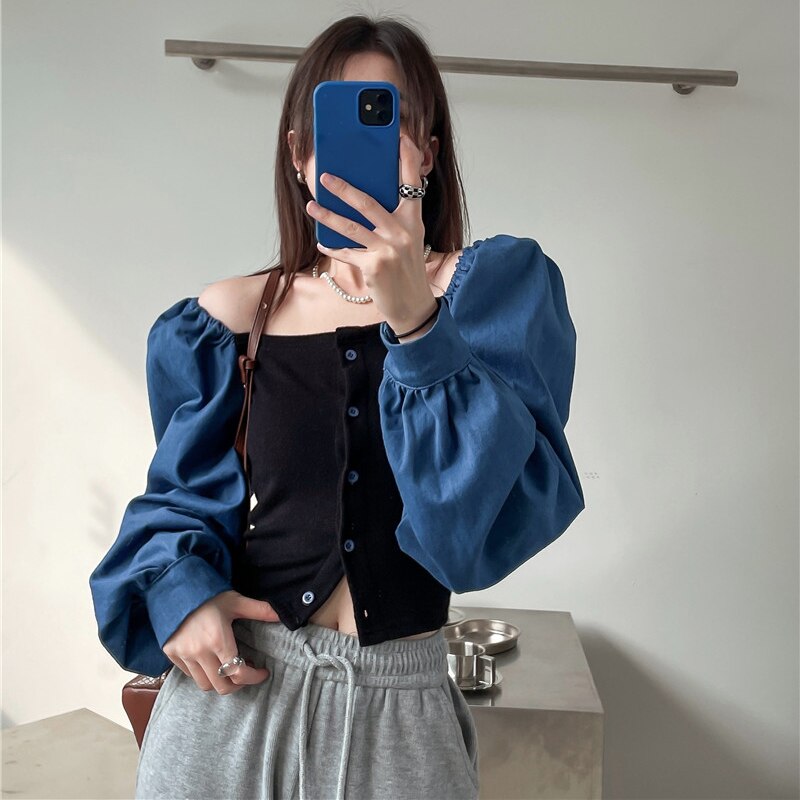 เสื้อเชิ้ตเดนิมต่อผ้าสไตล์ฝรั่งเศสสำหรับผู้หญิง คอเหลี่ยม แขนตุ๊กตา แขนยาว ทรงครอป