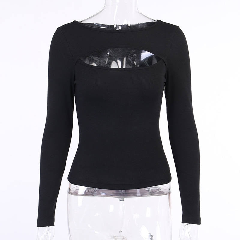 เสื้อยืดคอกลมแขนยาวเข้ารูปซีทรูเซ็กซี่สไตล์ลำลอง สีดำล้วน