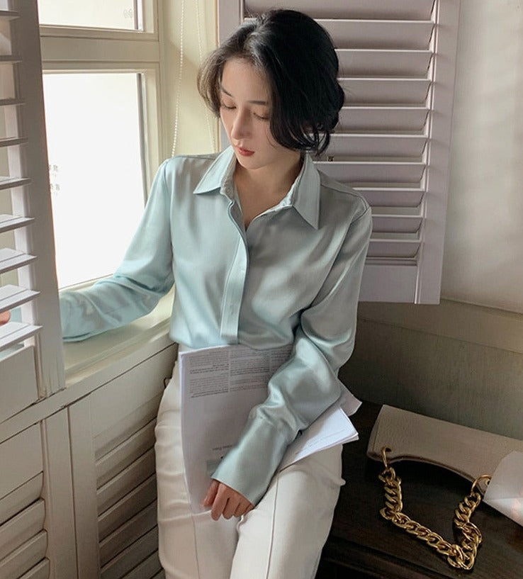 เสื้อเบลาส์ผ้าซาตินแขนยาวสำหรับผู้หญิง เสื้อเชิ้ตผู้หญิงทรงหลวมกระดุมแถวเดียว
