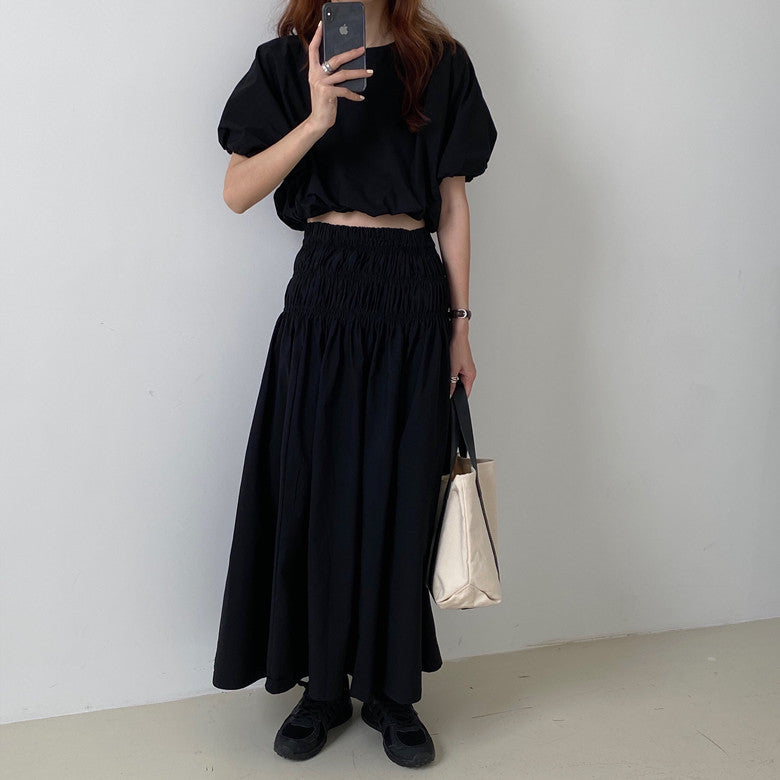 ชุดเซ็ตวินเทจสำหรับผู้หญิง เสื้อครอปแขนตุ๊กตาและกระโปรงยาวทรงเอจีบเอวยืด