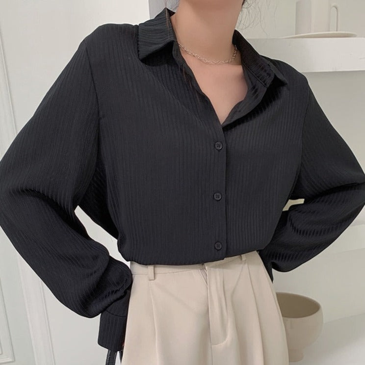 เสื้อเบลาส์ผู้หญิงลายทางสำหรับใส่ไปทำงาน เสื้อเชิ้ตทรงหลวมแขนยาวสำหรับผู้หญิง