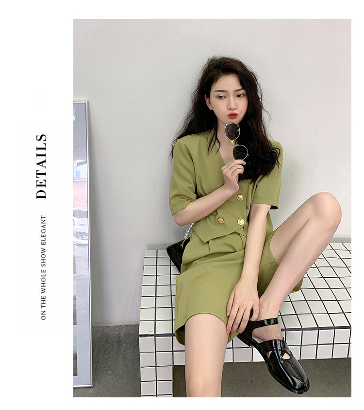 ชุดเซ็ตขาสั้นแฟชั่นใส่ทำงานสำหรับผู้หญิง สไตล์เกาหลี ชุดสูทสองชิ้นทรงหลวม เนื้อผ้าบางเบาสีฤดูร้อน