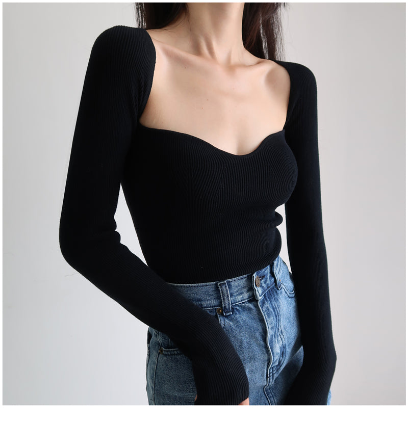 เสื้อไหมพรมผู้หญิงคอเหลี่ยมสไตล์วินเทจฝรั่งเศส ทรงเข้ารูป แขนยาว สวมหัว T-shirt