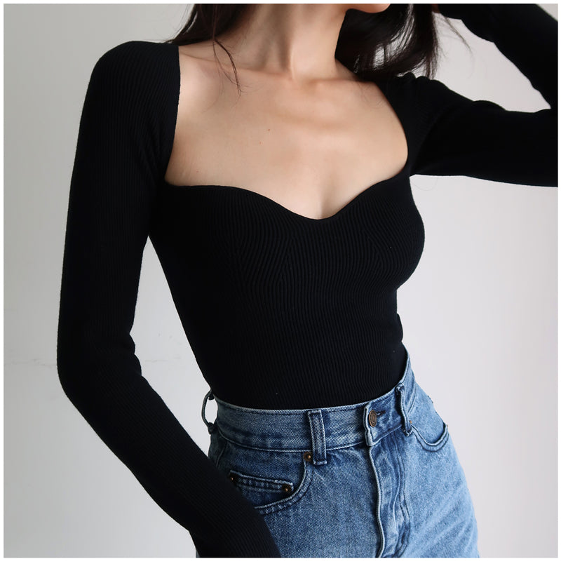 เสื้อไหมพรมผู้หญิงคอเหลี่ยมสไตล์วินเทจฝรั่งเศส ทรงเข้ารูป แขนยาว สวมหัว T-shirt