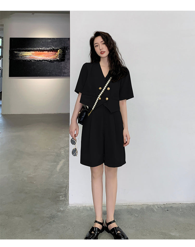 ชุดเซ็ตขาสั้นแฟชั่นใส่ทำงานสำหรับผู้หญิง สไตล์เกาหลี ชุดสูทสองชิ้นทรงหลวม เนื้อผ้าบางเบาสีฤดูร้อน