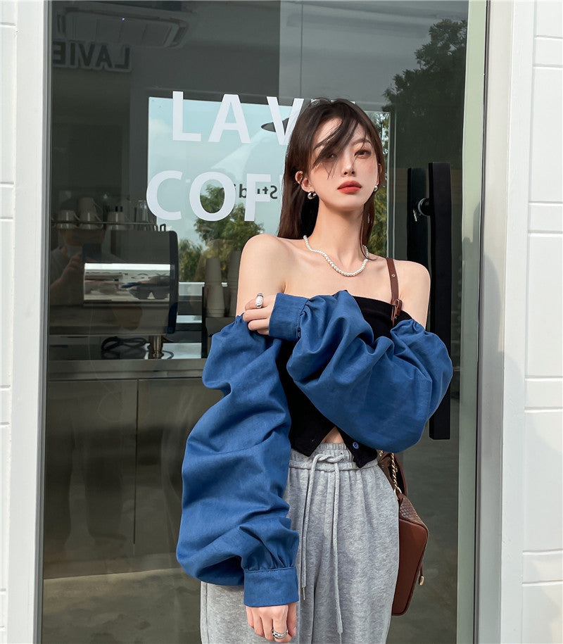 เสื้อเชิ้ตเดนิมต่อผ้าสไตล์ฝรั่งเศสสำหรับผู้หญิง คอเหลี่ยม แขนตุ๊กตา แขนยาว ทรงครอป