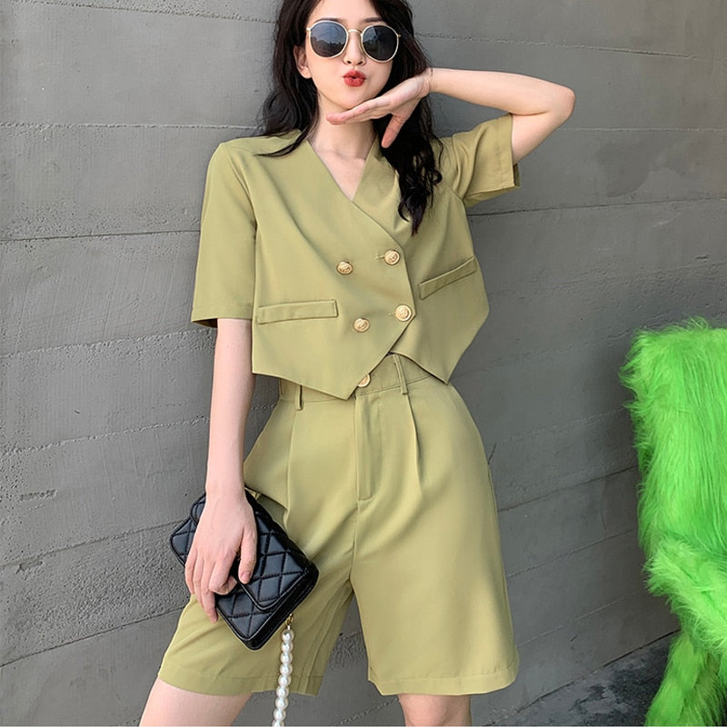 ชุดเซ็ตขาสั้นแฟชั่นใส่ทำงานสำหรับผู้หญิง สไตล์เกาหลี ชุดสูทสองชิ้นทรงหลวม เนื้อผ้าบางเบาสีฤดูร้อน