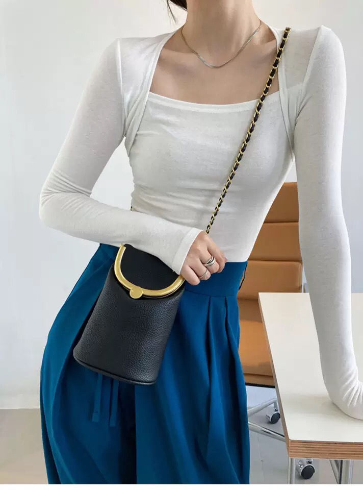 เสื้อแขนยาวผู้หญิง สีลูกกวาด เสื้อยืดรัดรูปแบบเซ็ตสองชิ้นหลอก สำหรับผู้หญิง
