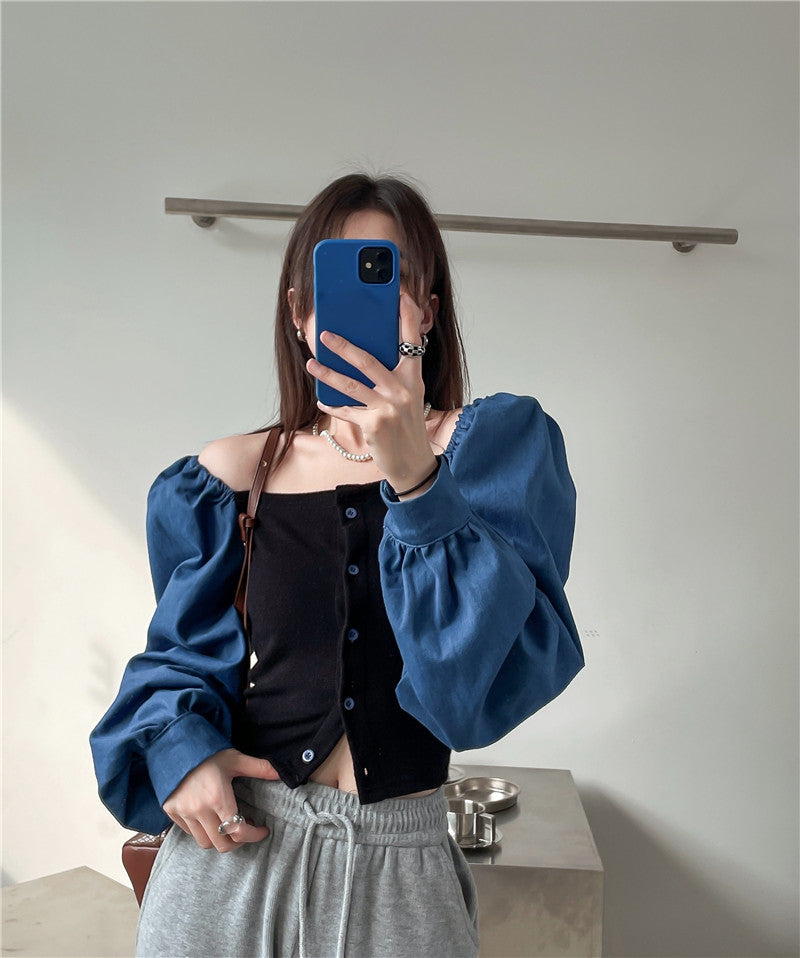 เสื้อเชิ้ตเดนิมต่อผ้าสไตล์ฝรั่งเศสสำหรับผู้หญิง คอเหลี่ยม แขนตุ๊กตา แขนยาว ทรงครอป