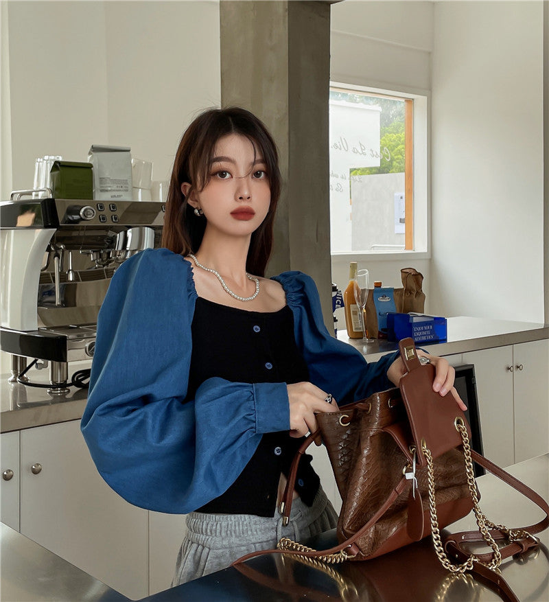 เสื้อเชิ้ตเดนิมต่อผ้าสไตล์ฝรั่งเศสสำหรับผู้หญิง คอเหลี่ยม แขนตุ๊กตา แขนยาว ทรงครอป