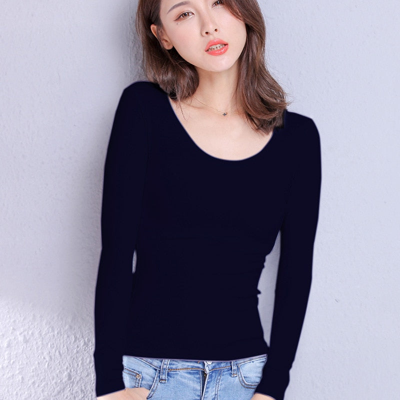 เสื้อยืดผู้หญิงผ้าฝ้าย แขนยาว สีพื้น เสื้อยืดผู้หญิงสไตล์ลำลอง