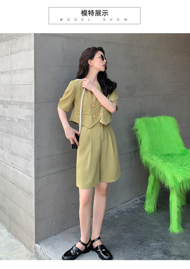 ชุดเซ็ตขาสั้นแฟชั่นใส่ทำงานสำหรับผู้หญิง สไตล์เกาหลี ชุดสูทสองชิ้นทรงหลวม เนื้อผ้าบางเบาสีฤดูร้อน