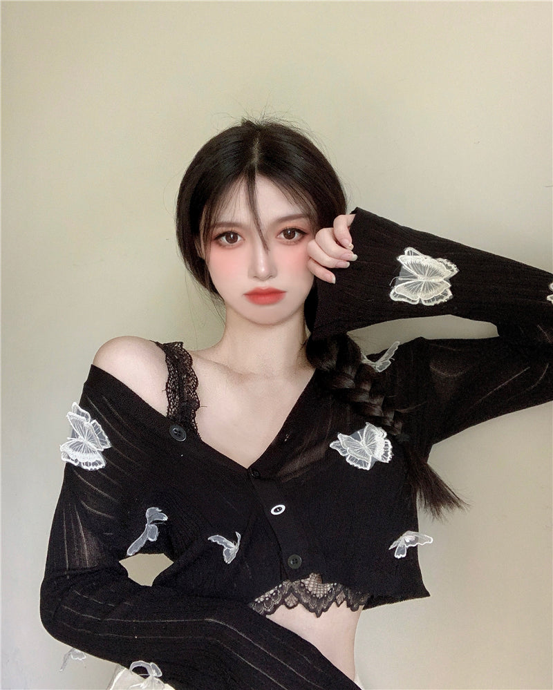เสื้อคาร์ดิแกนไหมพรมลายผีเสื้อสำหรับผู้หญิง คอวี ทรงสั้น เสื้อคลุมแขนยาวเนื้อบางสำหรับฤดูร้อน