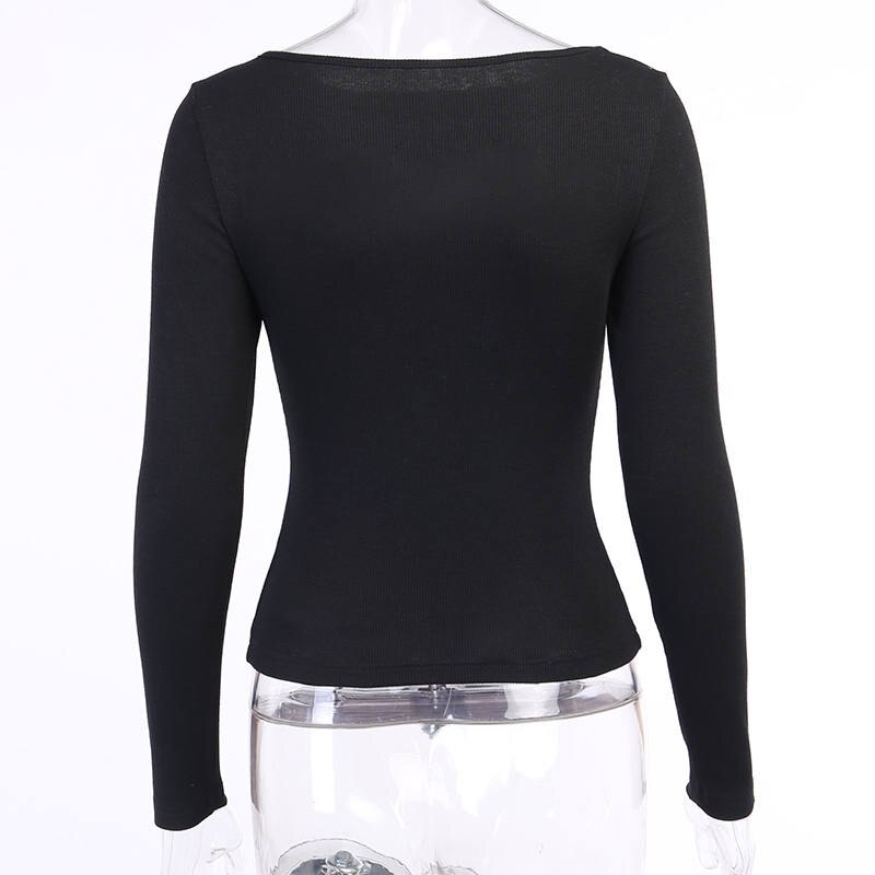 เสื้อยืดคอกลมแขนยาวเข้ารูปซีทรูเซ็กซี่สไตล์ลำลอง สีดำล้วน