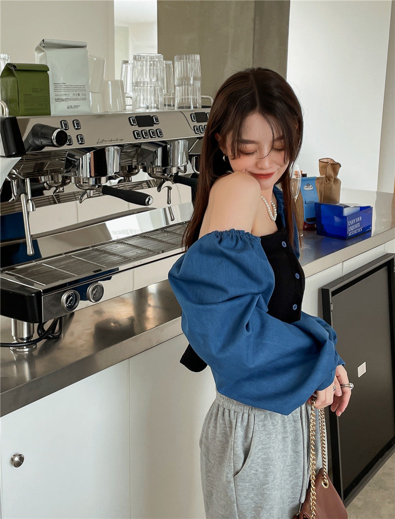 เสื้อเชิ้ตเดนิมต่อผ้าสไตล์ฝรั่งเศสสำหรับผู้หญิง คอเหลี่ยม แขนตุ๊กตา แขนยาว ทรงครอป