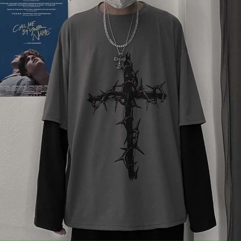 เสื้อยืดสไตล์โกธิค พังก์ แขนยาว โอเวอร์ไซส์ ทรงสองชิ้นแบบหลอก สตรีทแฟชั่น