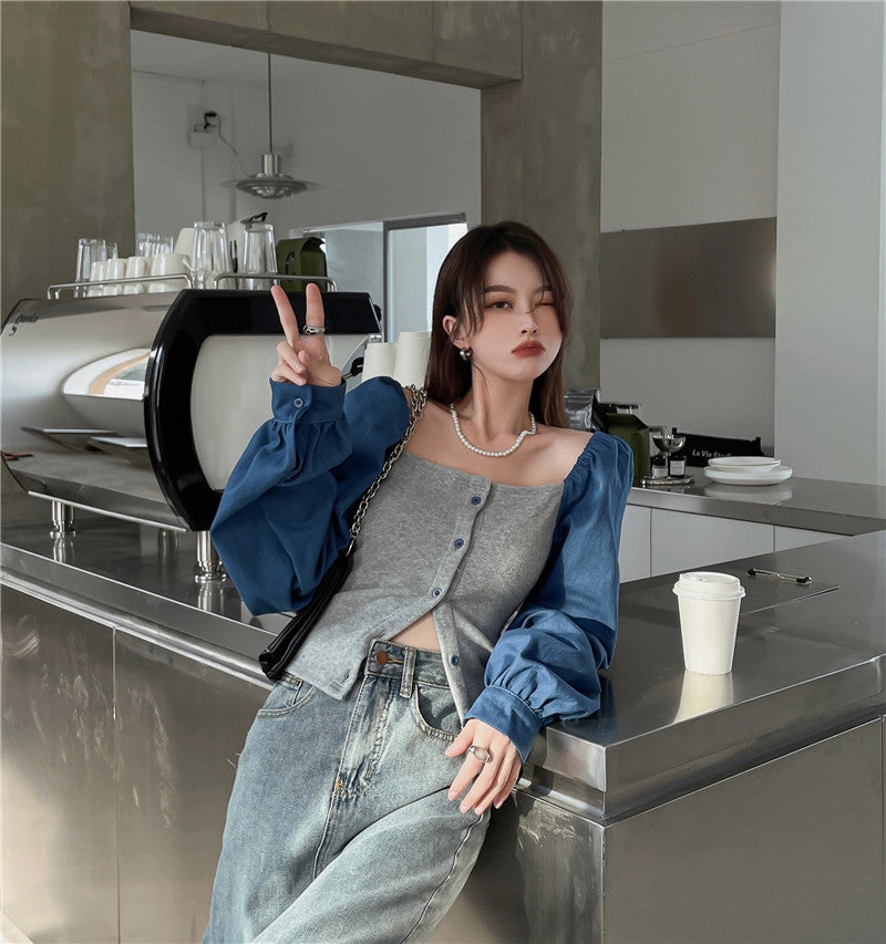 เสื้อเชิ้ตเดนิมต่อผ้าสไตล์ฝรั่งเศสสำหรับผู้หญิง คอเหลี่ยม แขนตุ๊กตา แขนยาว ทรงครอป
