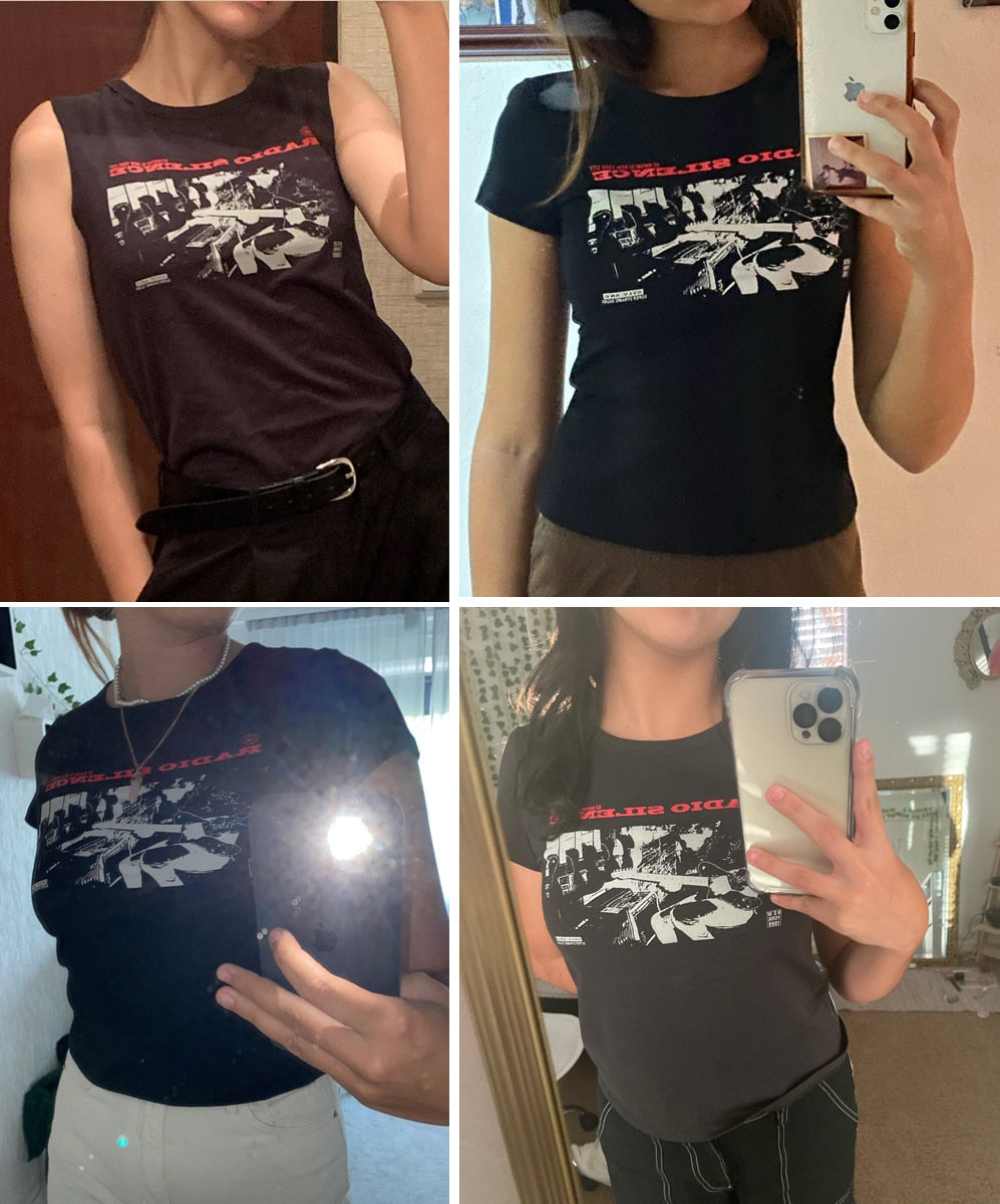 เสื้อยืดลายกราฟิกคลาสสิกร็อกสำหรับผู้หญิง เสื้อยืดคอตตอนแขนสั้นคอกลมฤดูร้อน