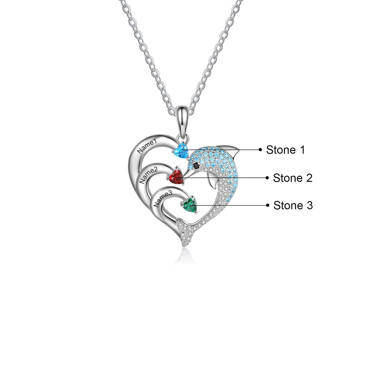 สร้อยคอชื่อโลมาแสนสวย 2-8 ตัว จี้รูปหัวใจสั่งทำพิเศษ