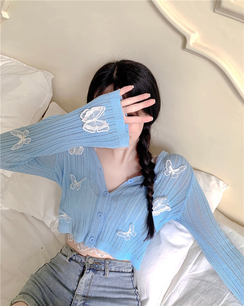 เสื้อคาร์ดิแกนไหมพรมลายผีเสื้อสำหรับผู้หญิง คอวี ทรงสั้น เสื้อคลุมแขนยาวเนื้อบางสำหรับฤดูร้อน