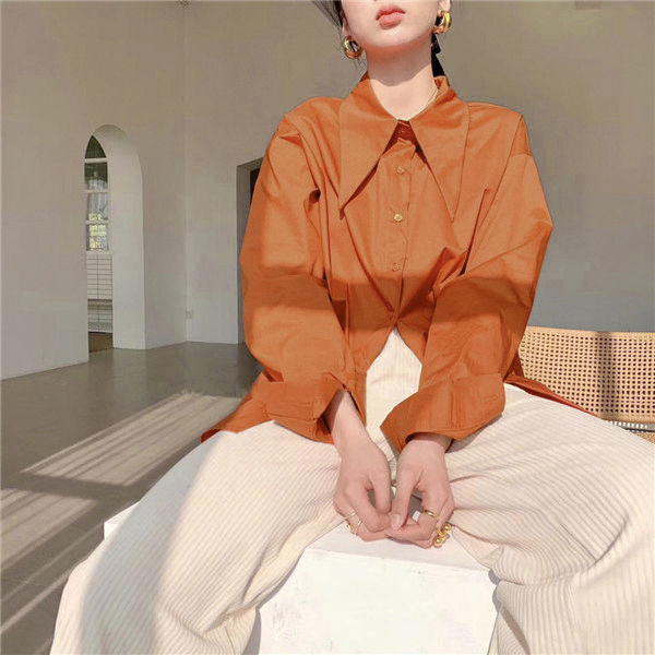 เสื้อเชิ้ตสีขาวคอปกแหลมขนาดใหญ่สำหรับผู้หญิง สไตล์วินเทจ ทรงหลวม แขนยาว