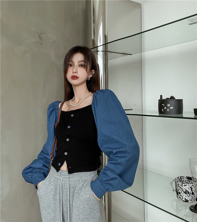 เสื้อเชิ้ตเดนิมต่อผ้าสไตล์ฝรั่งเศสสำหรับผู้หญิง คอเหลี่ยม แขนตุ๊กตา แขนยาว ทรงครอป