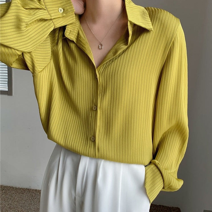 เสื้อเบลาส์ผู้หญิงลายทางสำหรับใส่ไปทำงาน เสื้อเชิ้ตทรงหลวมแขนยาวสำหรับผู้หญิง