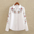 เสื้อเชิ้ตสตรีปักลายดอกไม้ สีขาว ทรงเข้ารูป แขนยาว ไซส์ใหญ่