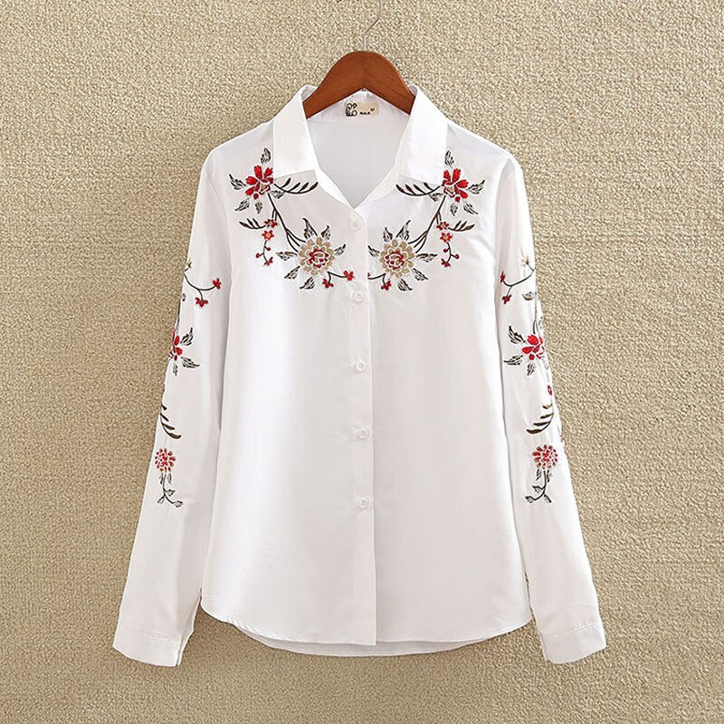 เสื้อเชิ้ตสตรีปักลายดอกไม้ สีขาว ทรงเข้ารูป แขนยาว ไซส์ใหญ่