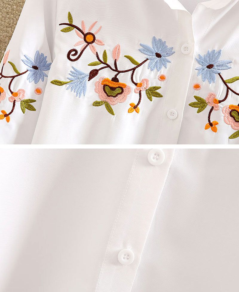 เสื้อเชิ้ตสตรีปักลายดอกไม้ สีขาว ทรงเข้ารูป แขนยาว ไซส์ใหญ่