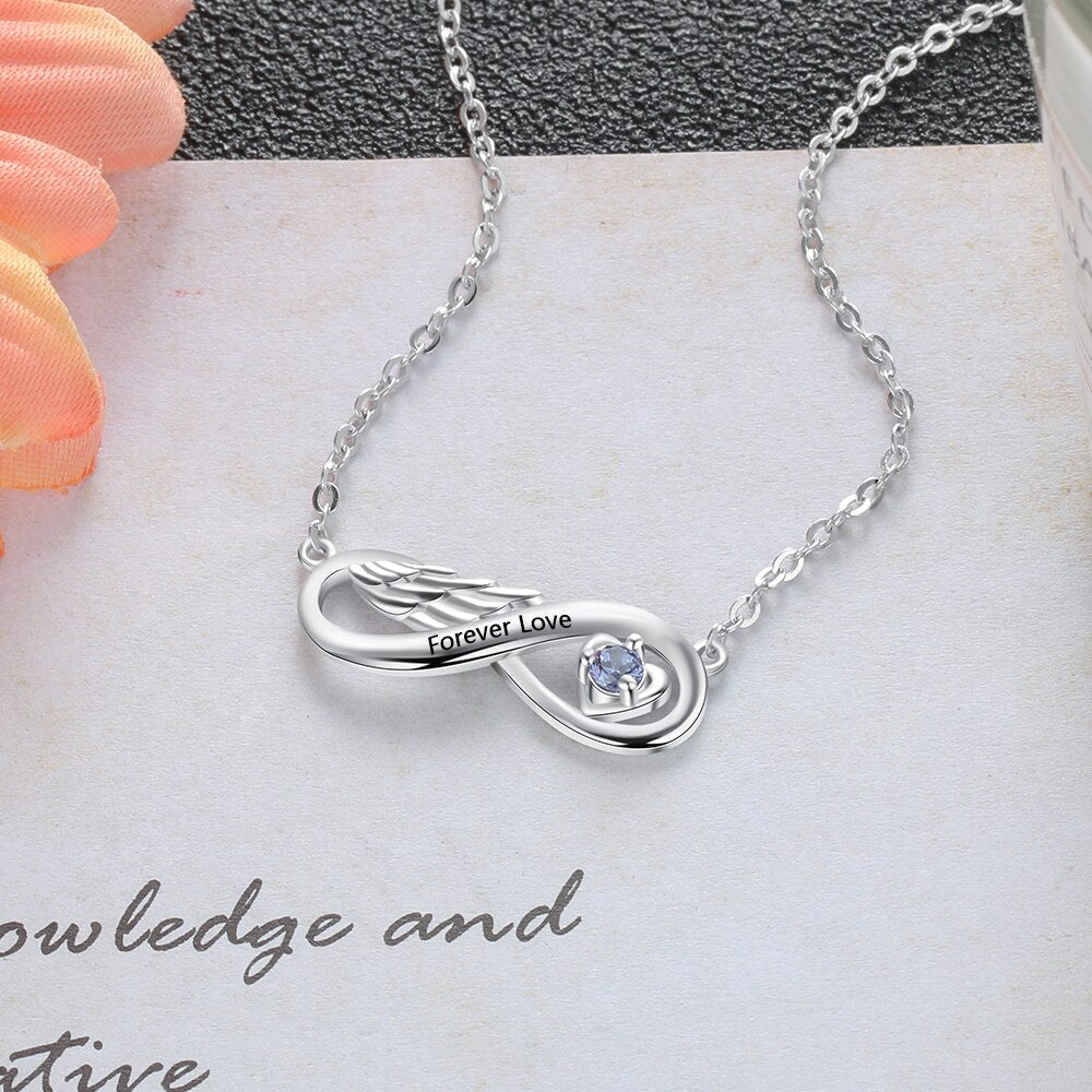 สร้อยคอจี้ชื่อหินเดือนเกิดความสัมพันธ์ Wing Infinity แบบสั่งทำพิเศษ