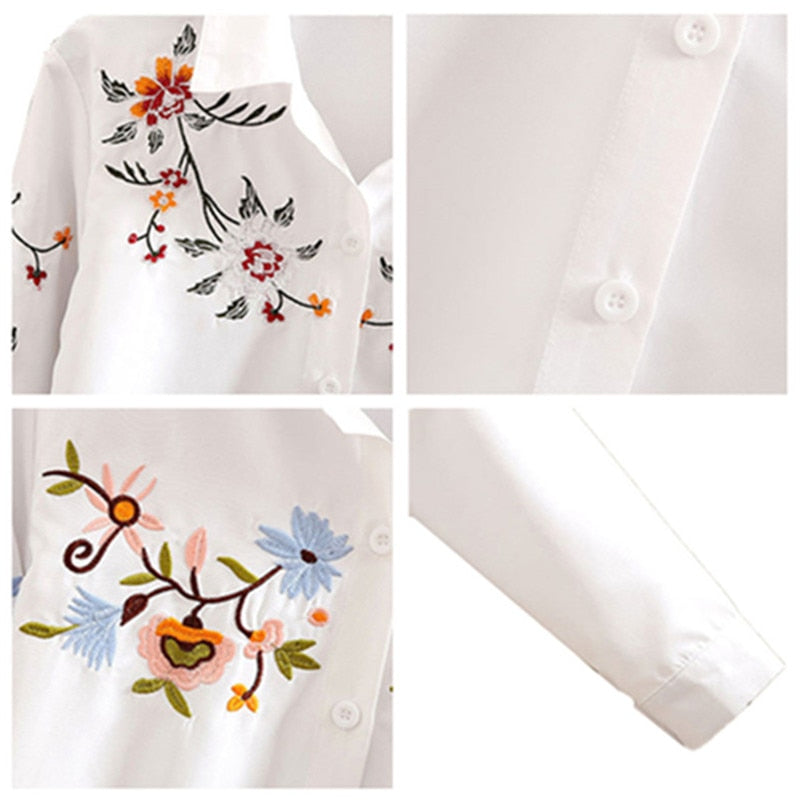 เสื้อเชิ้ตสตรีปักลายดอกไม้ สีขาว ทรงเข้ารูป แขนยาว ไซส์ใหญ่