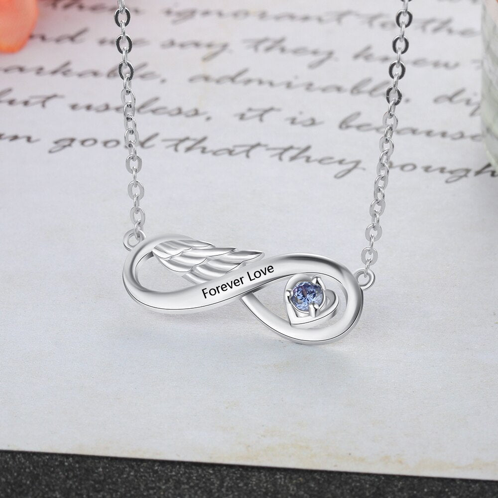 สร้อยคอจี้ชื่อหินเดือนเกิดความสัมพันธ์ Wing Infinity แบบสั่งทำพิเศษ