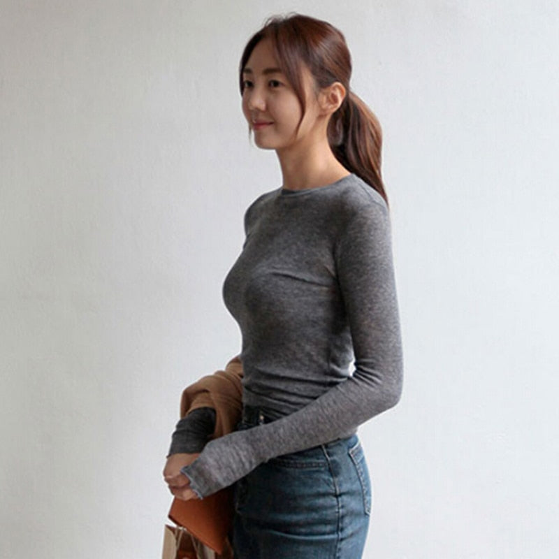 เสื้อยืดผู้หญิงทรงเข้ารูป เสื้อยืดคอตตอนผู้หญิง เสื้อท่อนบนลำลองผู้หญิง แขนยาว เซ็กซี่ บาง เนื้อผ้าโปร่งแสง