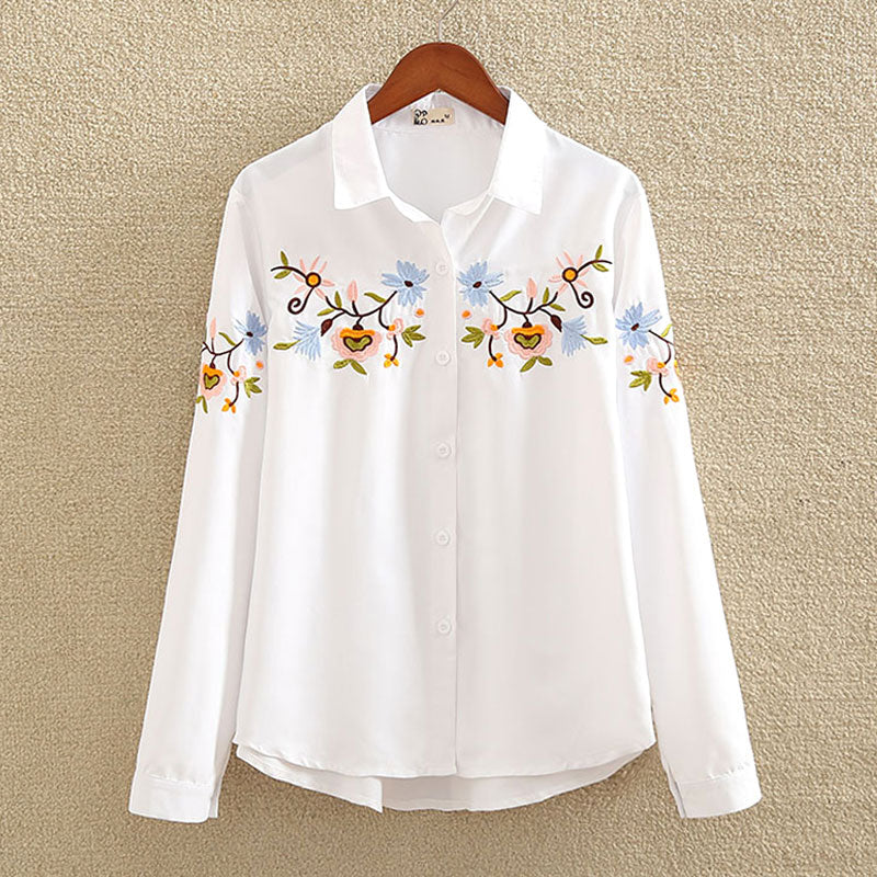 เสื้อเชิ้ตสตรีปักลายดอกไม้ สีขาว ทรงเข้ารูป แขนยาว ไซส์ใหญ่