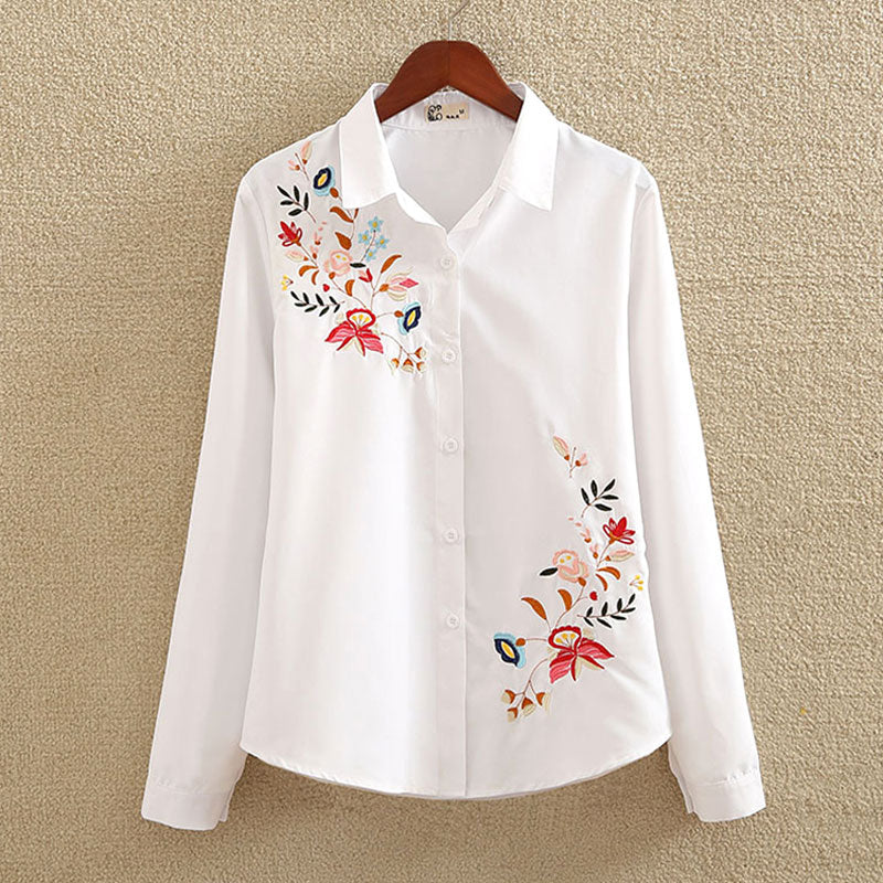 เสื้อเชิ้ตสตรีปักลายดอกไม้ สีขาว ทรงเข้ารูป แขนยาว ไซส์ใหญ่