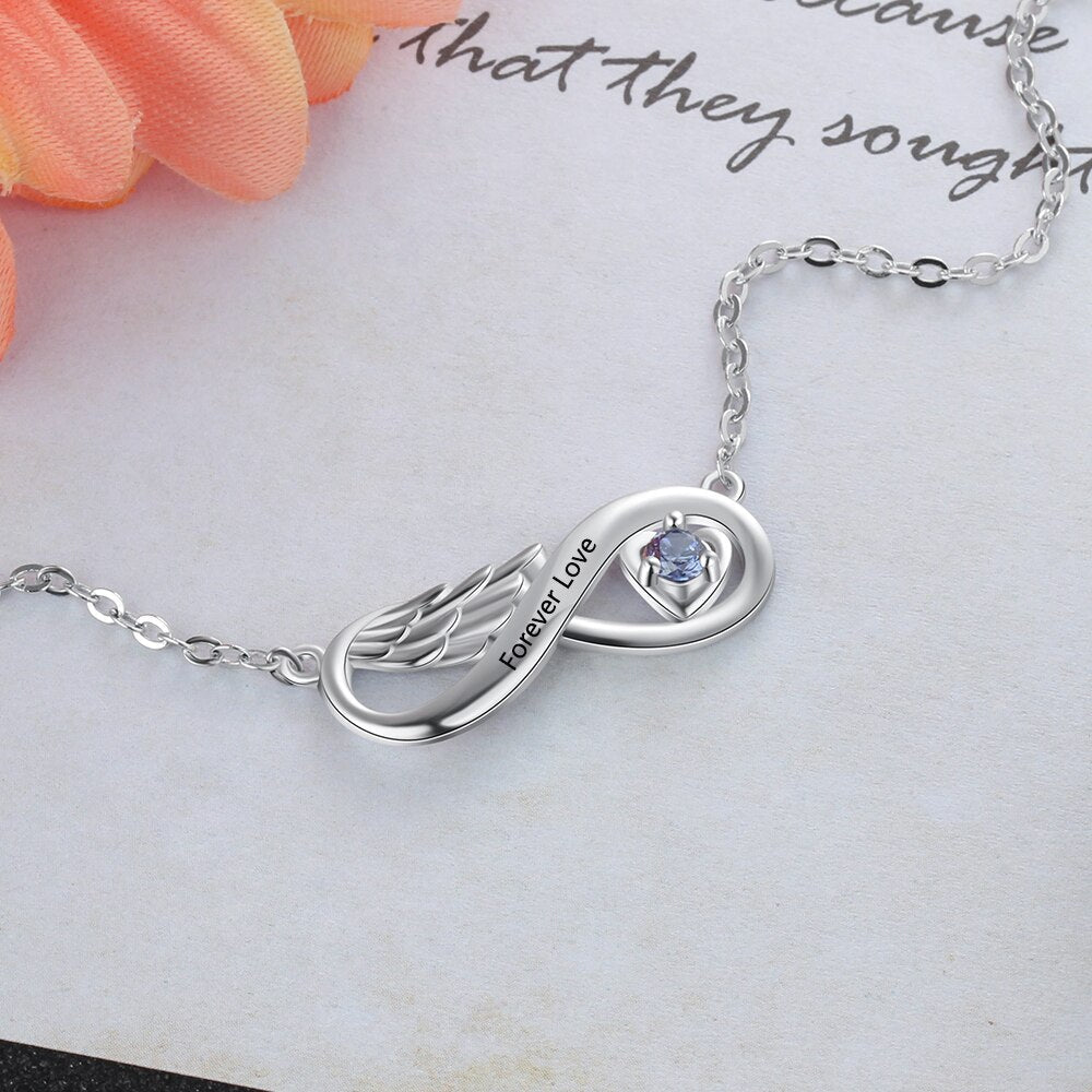 สร้อยคอจี้ชื่อหินเดือนเกิดความสัมพันธ์ Wing Infinity แบบสั่งทำพิเศษ
