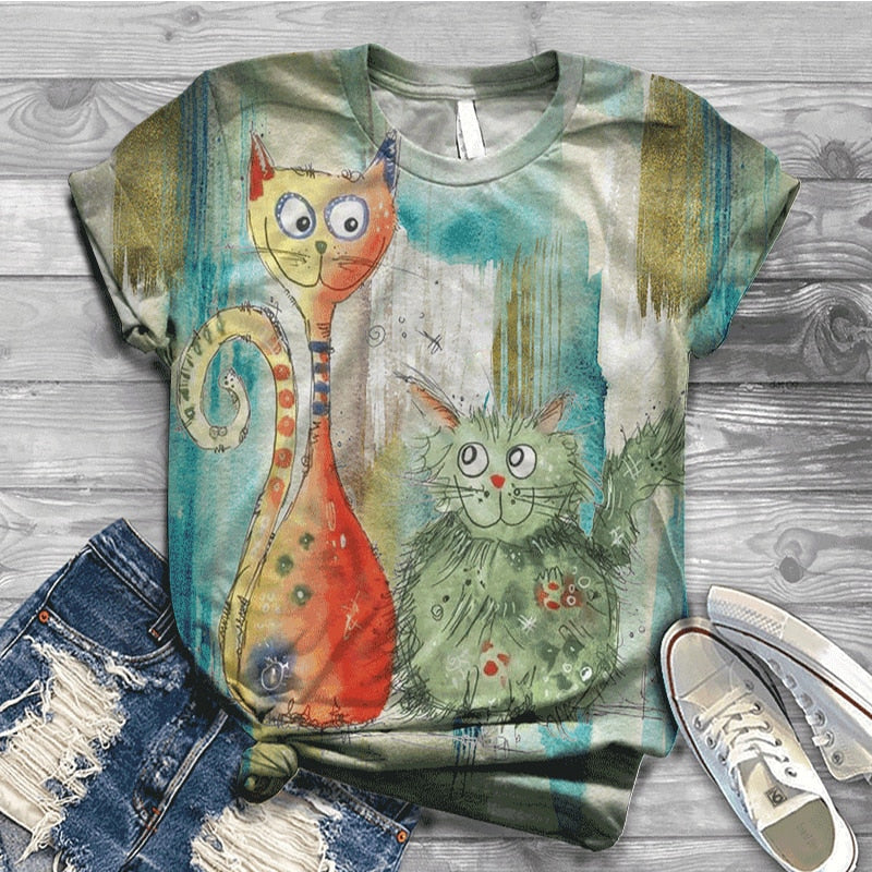 เสื้อยืดผู้หญิงแขนสั้นลายแมว 3D ลายดิจิทัล คอกลม สำหรับฤดูร้อน