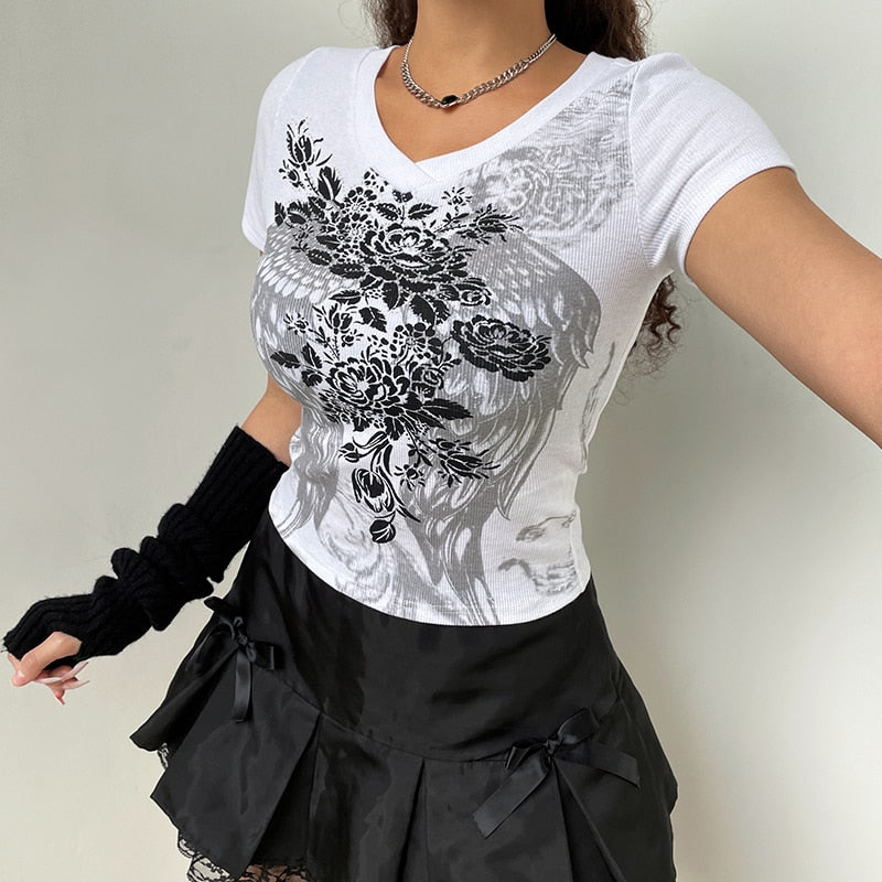 เสื้อยืดลายกราฟิกสไตล์กรันจ์ แฟรี่คอร์ ฮาราจูกุ สีเทา น่ารัก ลำลอง เสื้อท่อนบนสตรีทแวร์