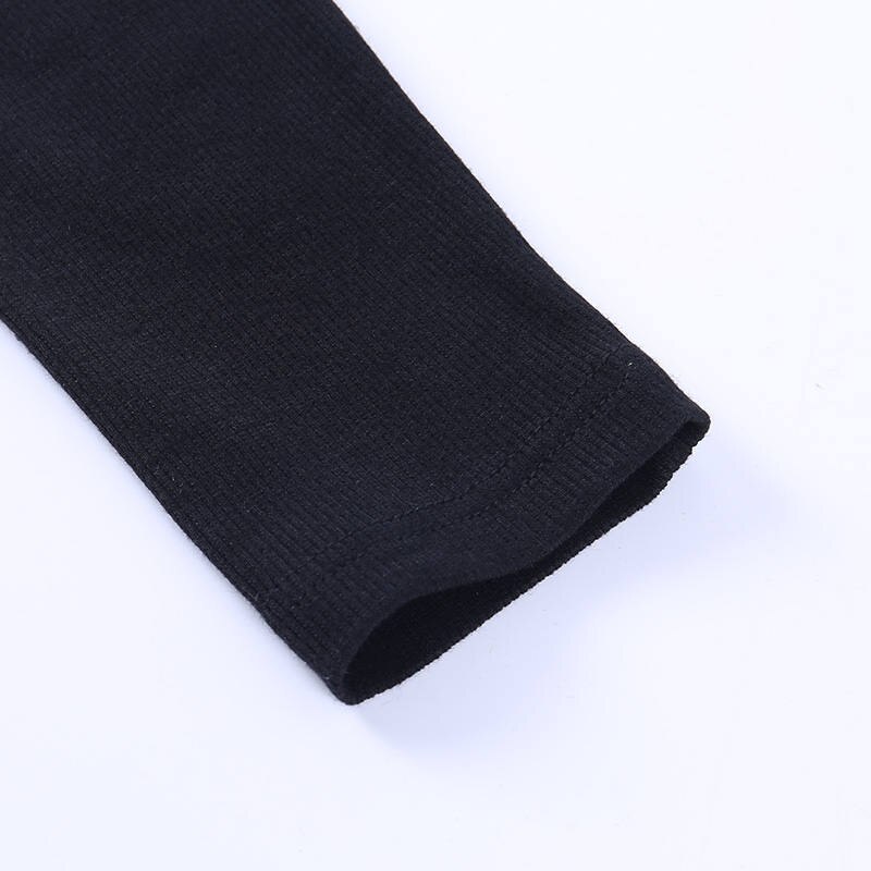 เสื้อยืดคอกลมแขนยาวเข้ารูปซีทรูเซ็กซี่สไตล์ลำลอง สีดำล้วน