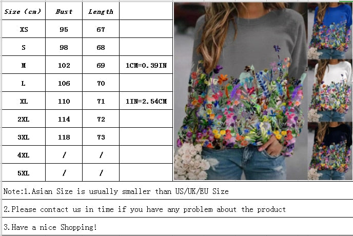 เสื้อสเวตเตอร์ผู้หญิงลายดอกไม้ ทรงหลวม แขนยาว คอกลม เสื้อยืดแมตช์ง่าย