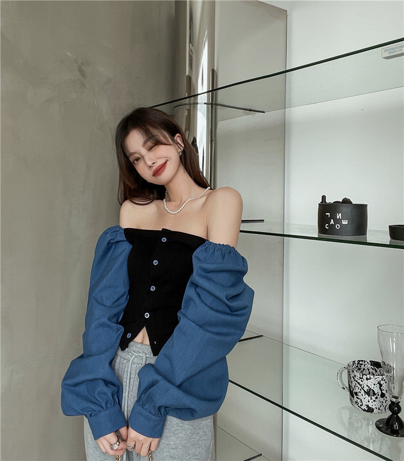 เสื้อเชิ้ตเดนิมต่อผ้าสไตล์ฝรั่งเศสสำหรับผู้หญิง คอเหลี่ยม แขนตุ๊กตา แขนยาว ทรงครอป