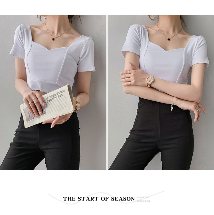เสื้อคอเหลี่ยมเว้าไหปลาร้าสไตล์ฝรั่งเศส เสื้อครอปเอวสูงแขนสั้นสำหรับผู้หญิง